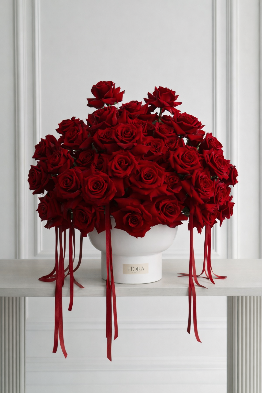 Luxurious floral arrangement by FÍORA featuring French hend-reflexed red roses in white minimalistic ceramic vase with signature red ribbons —  flower delivery from Miami to Palm Beach.